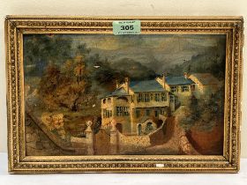 19TH CENTURY EUROPEAN SCHOOL. A house and garden. Oil on board. 7" x 11¼".