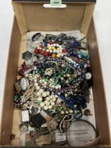 A box of costume jewellery, watches and sundries.