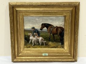 20TH CENTURY SCHOOL. Horse, two hounds and figure in a landscape. Indistinctly signed. Oil on canvas