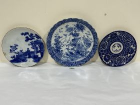 Three Japanese blue and white chargers, 15" diam and smaller.