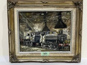 DERRICK WAIN. BRITISH 20TH CENTURY. An engine shed with tank engines. Signed. Oil on board 8" x