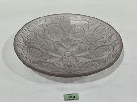 A French frosted glass bowl in the style of Lalique moulded with flowerheads and leafy foliage. 12¼"