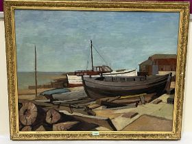 FRANK STEWARD. BRITISH 20TH CENTURY. Whitstable Beach. Inscribed verso. Oil on board. 27" x 35".