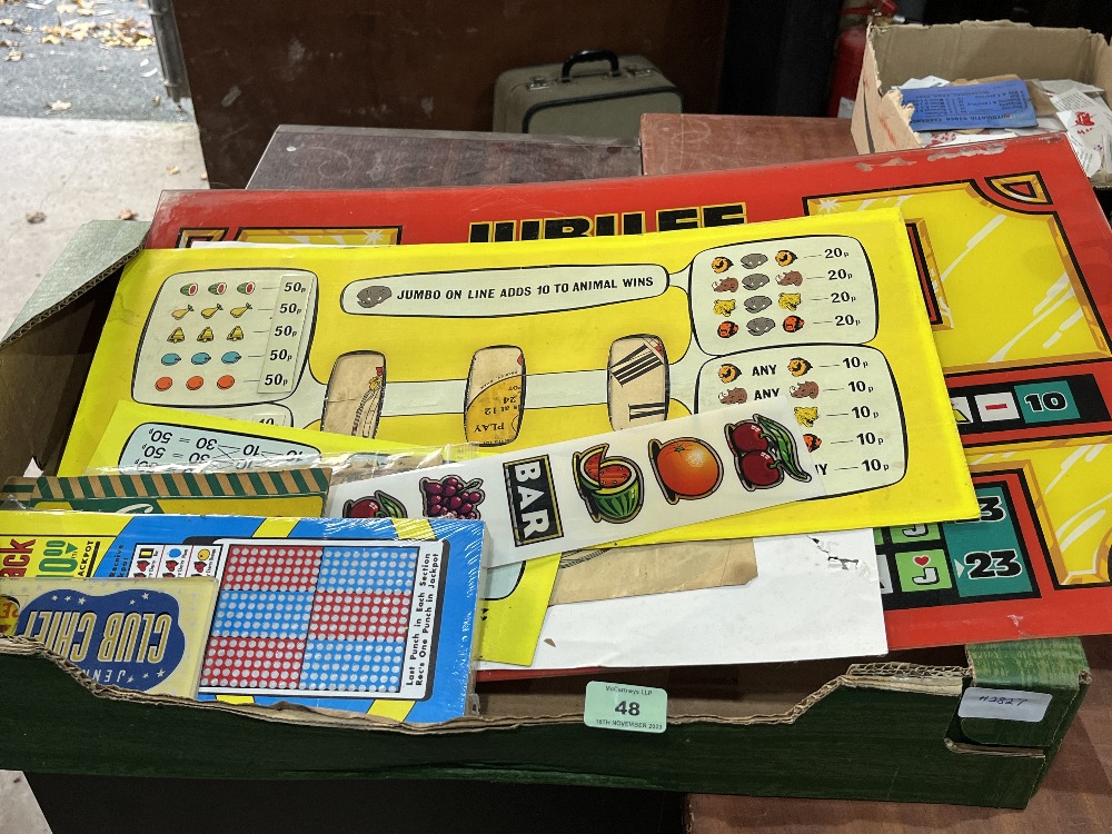 A box of fruit machine panels etc.