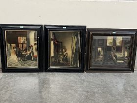Three framed prints after Vermeer and Peter Van De Hooch.