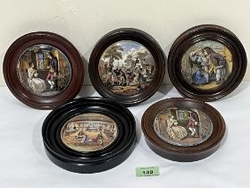 Five 19th century framed Staffordshire Prattware pot lids.