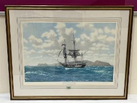 A signed print after John Chancellor, H.M.S. Beagle In The Galapagos. 20" x 30".