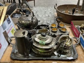 A plated tray and other miscellaneous plates.