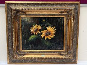 20TH CENTURY SCHOOL. Study of sunflowers. Indistinctly signed. Oil on board 16" x 20".