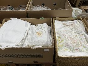 A box of textiles and a box of table linen