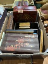 A box of treen boxes and sundries.