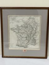 An engraved map, Ancient France or Gallia Transalpina by J + C Walker. 14" x 13".