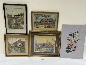 Five needlework pictures, 1930s and later