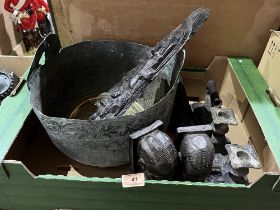 An eastern metal cooking vessel, a pair of lignum bookends and other wood and metalware.