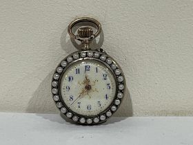 A 19th century keyless lever fob watch, the enamel dial with Arabic numerals, set with split
