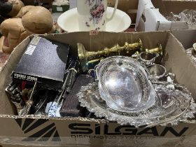 A box of platedware, ceramics and cutlery.