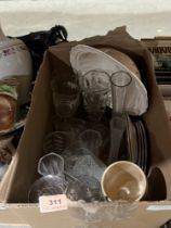 Three boxes of ceramics, glassware and sundries.