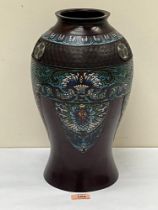 A Japanese cloisonne enamel bronze inverted baluster vase. 14" high.