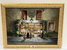 DEBORAH JONES. BRITISH 1921-2012. Scene outside a Victorian tea room. Signed. Oil on board 12" x