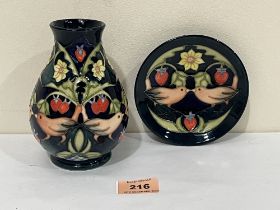 A Moorcroft Strawberry Thief pattern vase and pin dish designed by Rachel Bishop. The vase 5¼" high