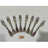 A set of seven Victorian silver fiddle and thread pattern dessert forks. London 1857 and 1859. 13ozs