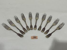 A set of ten Victorian silver fiddle pattern dessert forks by Walker and Hall. Sheffield 1898. 13ozs
