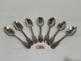 A set of seven Victorian silver fiddle and thread pattern dessert spoons. London 1849. 11ozs 18dwts