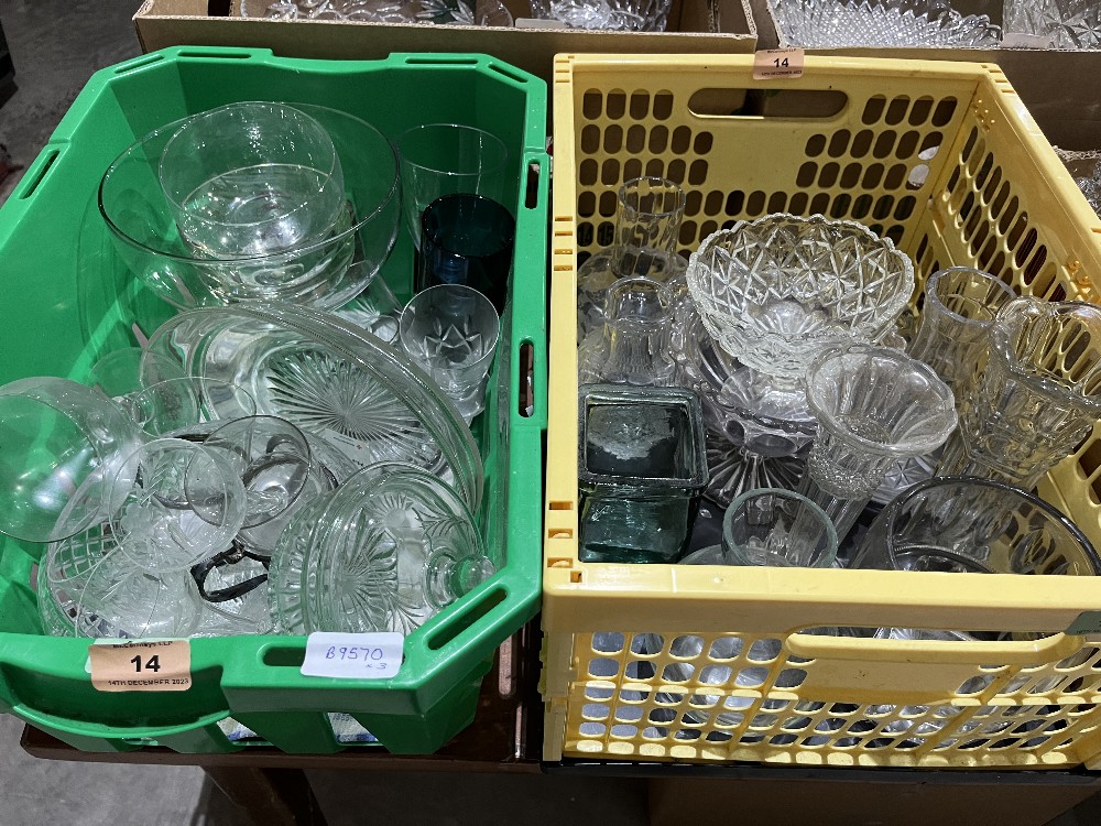 Three boxes of miscellaneous glassware and a glass chamber jug and bowl (Repaired).