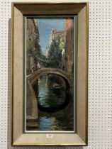 LUIGI MORETTI. ITALIAN 1884-1950. Rio Pesaro, Venice. Signed. Inscribed on artist"s label verso. Oil