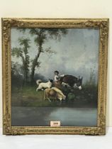 CONTINENTAL SCHOOL. 19TH CENTURY. Child with donkey sheep and hound by a pool. Oil on board 15½" x