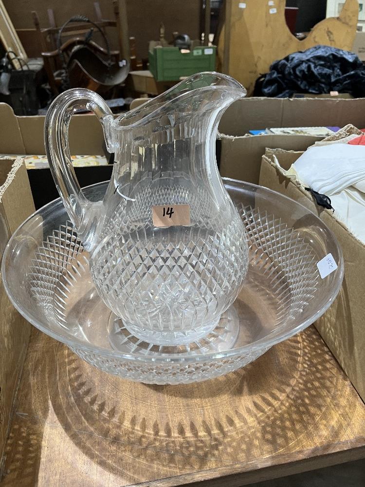Three boxes of miscellaneous glassware and a glass chamber jug and bowl (Repaired). - Image 3 of 3