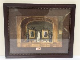 ENGLISH SCHOOL. 20TH CENTURY. A room alcove with statue, pictures and ornaments. Watercolour 11" x