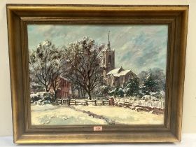 BEN RIPPER. BRITISH CONTEMPORARY. Winter scene with church and figures. Signed. Oil on board 18" x