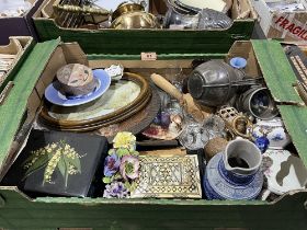 A box of ceramics and sundries.