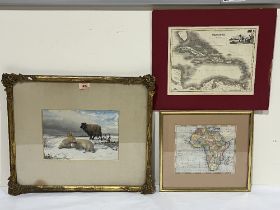 A gilt framed print after Thomas Sidney Cooper; an engraved map of Africa and another map of the