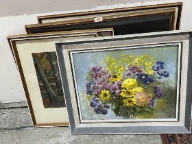 Two pastel drawing by Gwen Webb; a gouache landscape; a print and an oil flower piece.