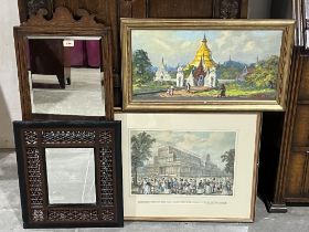 Two wall mirrors, a Burmese school oil painting and a print of Crystal Palace.