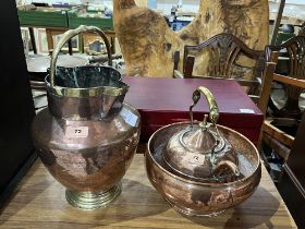 A copper kettle, bowl and pitcher.