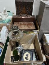 An oil lamp, oak tray and sundries.