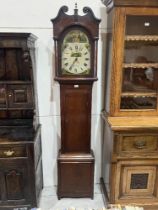 A 19th century oak and mahogany 30hr longcase clock, the painted break-arch dial signed Thos.