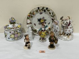 Six continental porcelain figures, a German jar and cover and reticulated Dresden plate.