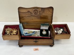 A continental olive wood jewellery box with jewellery contents.