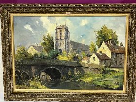 ENGLISH SCHOOL. 20TH CENTURY. Old Cottage By The Church. Indistinctly signed. Titled verso. Oil on