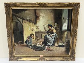 20TH CENTURY SCHOOL. Interior scene with mother and children. Signed "Anderson". Oil on canvas 20" x