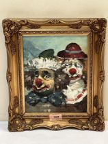 WILLIAM MONINET. AMERICAN 1937-1999. Study of two clowns. Signed. Oil on wood panel 10" x 8".