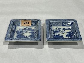 A pair of Chinese blue and white square dishes 4¼" wide.