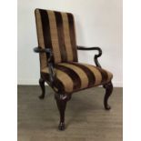 A MAHOGANY FRAMED OPEN ELBOW CHAIR