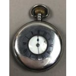 TWO SILVER POCKET WATCHES, A SILVER FOB WATCH AND A PLATED POCKET WATCH