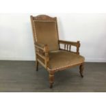 THREE LATE VICTORIAN OAK DRAWING ROOM ARMCHAIRS