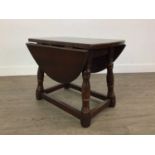 A SMALL OAK DROP LEAF SIDE TABLE AND A PAIR OF DINING CHAIRS